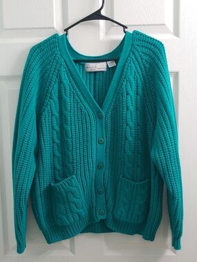Vintage Cable Knit Cardigan Teal Womens Fisherman Sweater Coastal Cottage Size L
